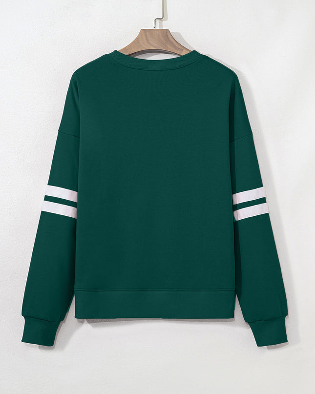 Fiery Red Preppy Striped Sleeve Loose Sweatshirt