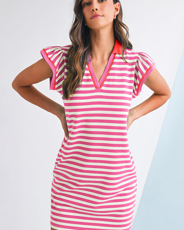 Green Striped Ruffle Short Sleeve Pop of Color Neckline Dress