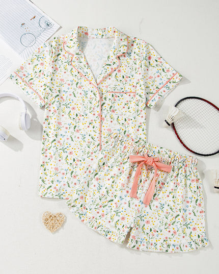 Pink Polka Dot and Bow Print Ruffle Hem Shorts Pajama Set