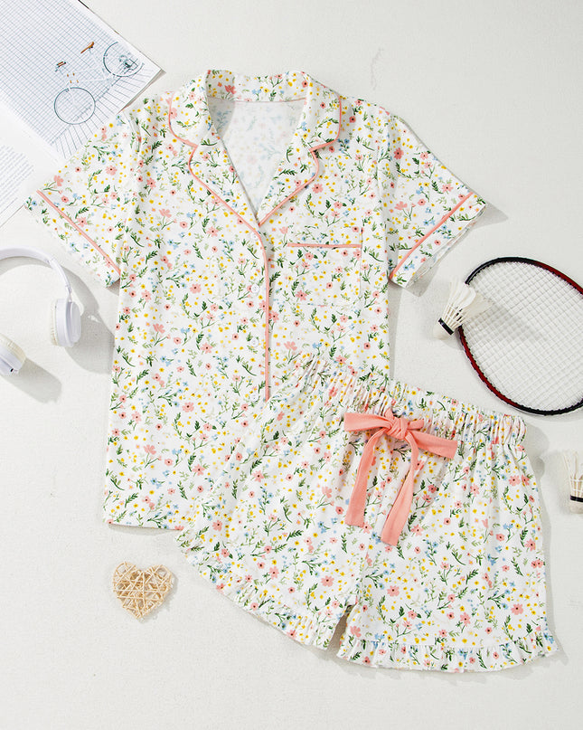 Pink Polka Dot and Bow Print Ruffle Hem Shorts Pajama Set