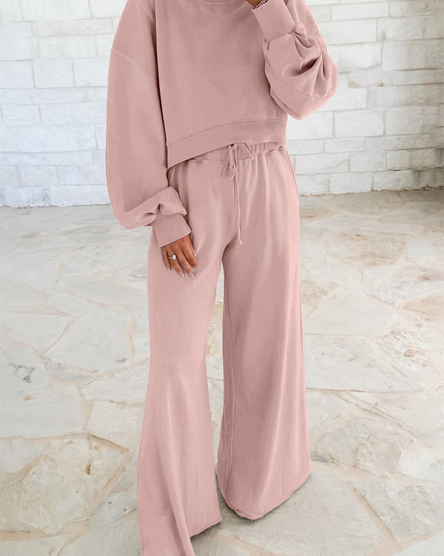 Mist Blue Wide-Leg Lounge Set | Drop Shoulder Crop Pullover & Drawstring Pants