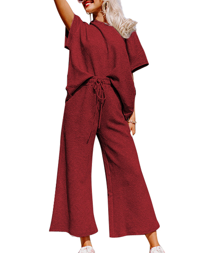 Black Textured Loose Fit T Shirt and Drawstring Pants Set