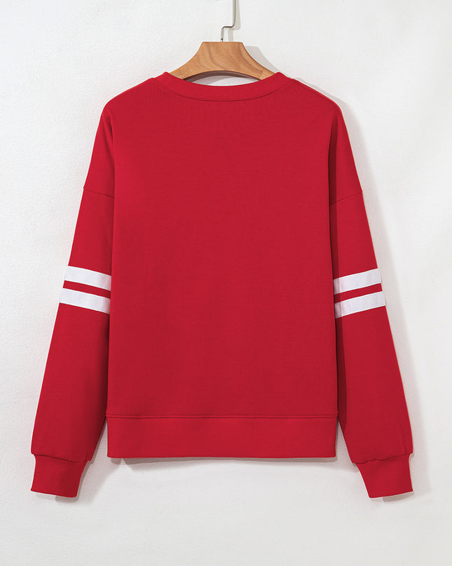 Fiery Red Preppy Striped Sleeve Loose Sweatshirt
