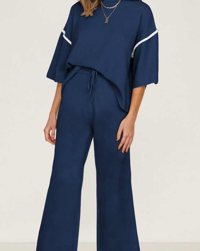 Navy Blue Loose Contrast Trim Half Sleeve Top and Drawstring Pants Set