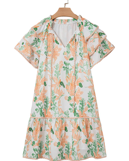 Orange Floral Contrast Edge Ruffle Sleeve Tie Neck Mini Dress