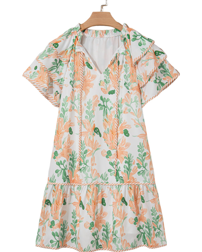 Orange Floral Contrast Edge Ruffle Sleeve Tie Neck Mini Dress