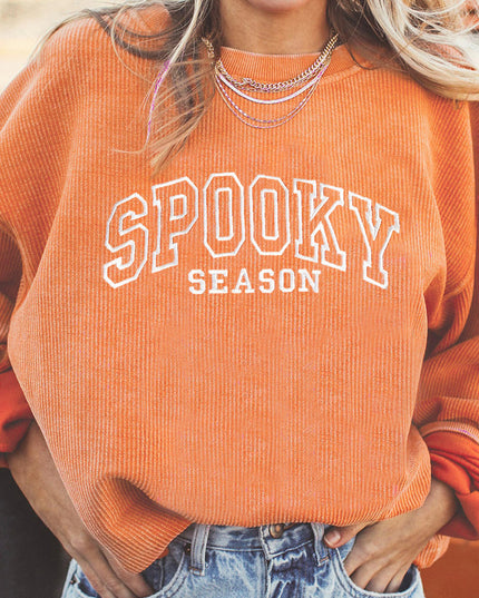 Orange SPOOKY SEASON Embroidered Letter Graphic Twisted Ribbed Sweatshirt