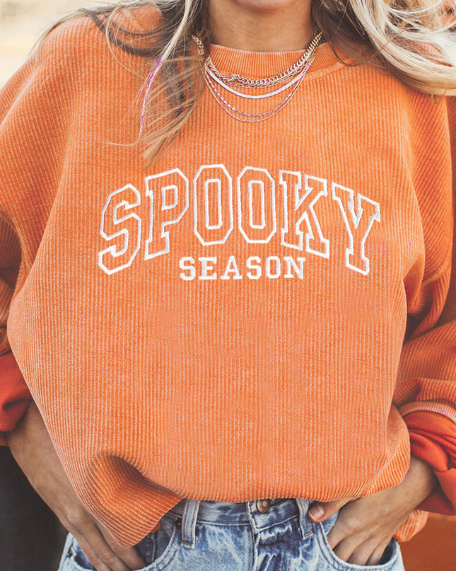 Orange SPOOKY SEASON Embroidered Letter Graphic Twisted Ribbed Sweatshirt