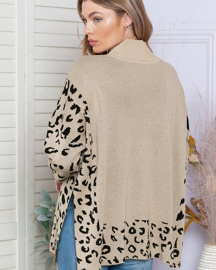 Khaki Leopard Casual Side Slit High Neck Oversized Sweater