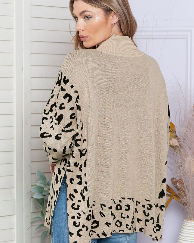 Khaki Leopard Casual Side Slit High Neck Oversized Sweater