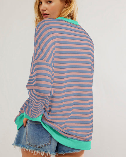 Blue Striped Contrast Trim Drop Shoulder Sweatshirt