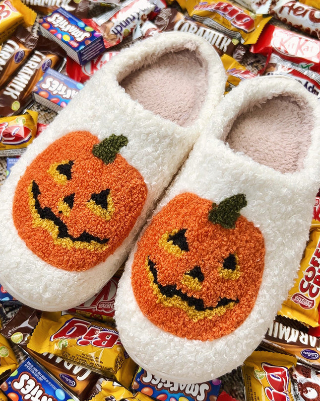White Halloween Pumpkin Print Plush Slippers