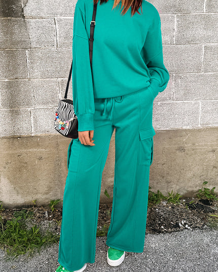 Lapis Mineral Wash Pullover and Wide Leg Cargo Pants Set