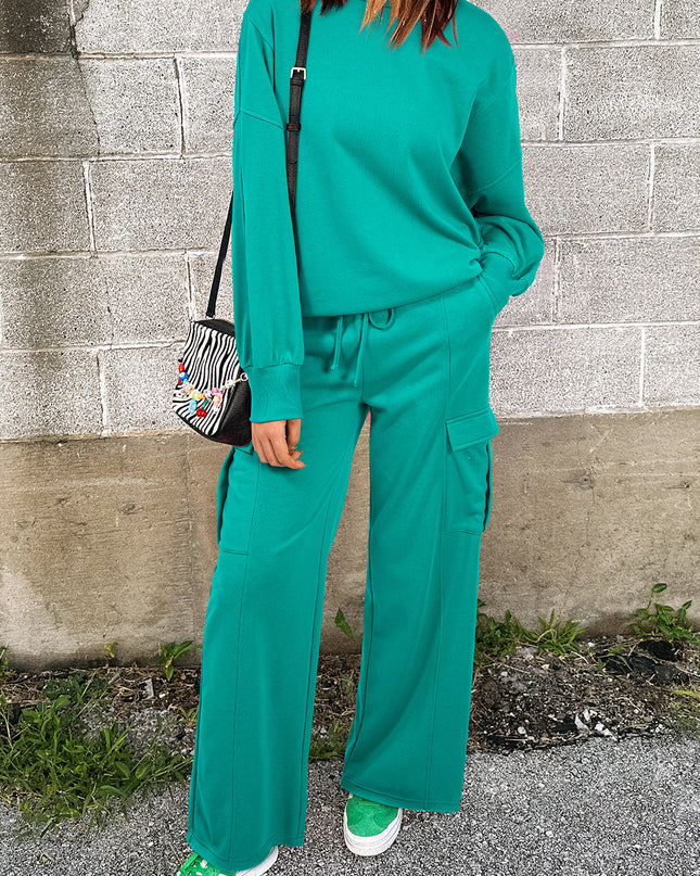 Lapis Mineral Wash Pullover and Wide Leg Cargo Pants Set