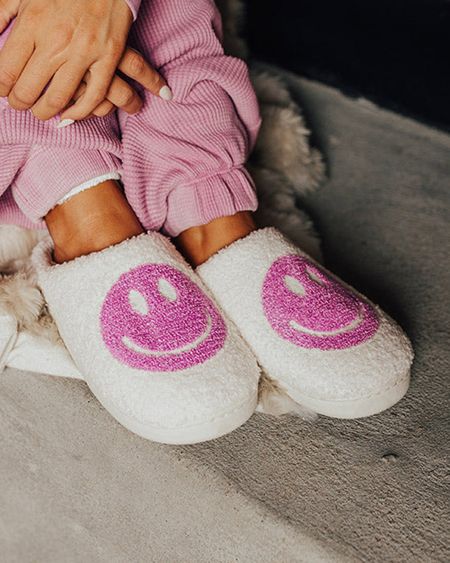 Pink Smile Face Print Non-slip Plush Home Slippers