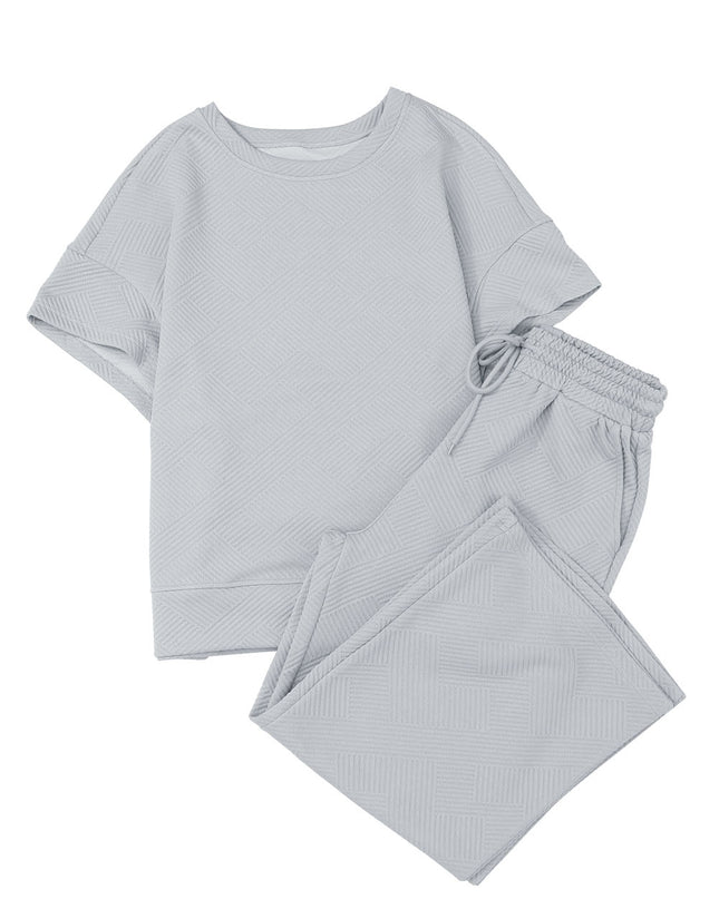 Black Textured Loose Fit T Shirt and Drawstring Pants Set