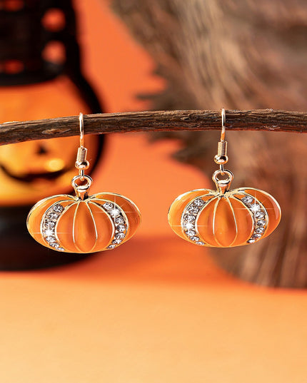 Orange Halloween Rhinestone Pumpkin Hook Earrings