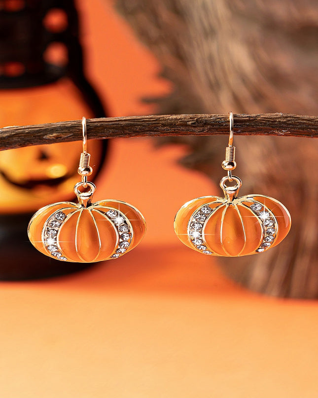 Orange Halloween Rhinestone Pumpkin Hook Earrings
