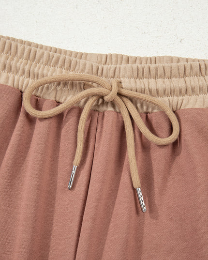 Khaki Color Block Long Sleeve Crop Top Drawstring Pant Set