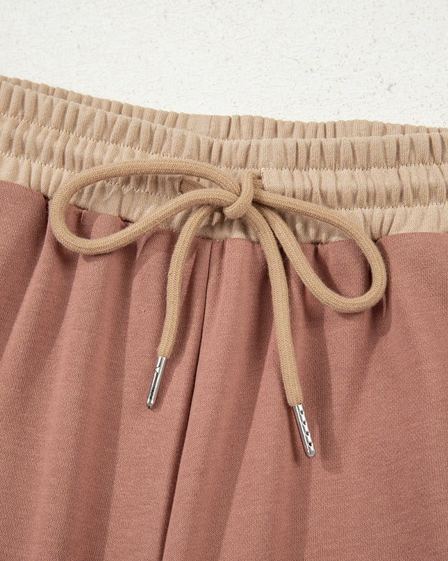 Khaki Color Block Long Sleeve Crop Top Drawstring Pant Set