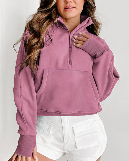 Black Zip Up Stand Collar Ribbed Thumbhole Sleeve Sweatshirt