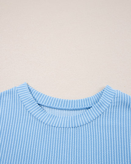 Dark Blue Corded Knit Color Block Pocketed Crew Neck T Shirt
