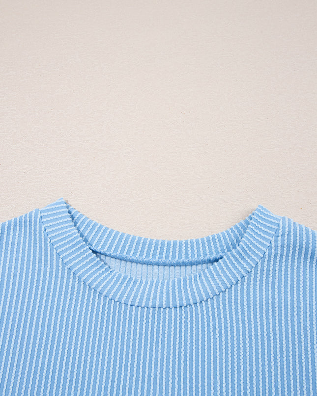 Dark Blue Corded Knit Color Block Pocketed Crew Neck T Shirt