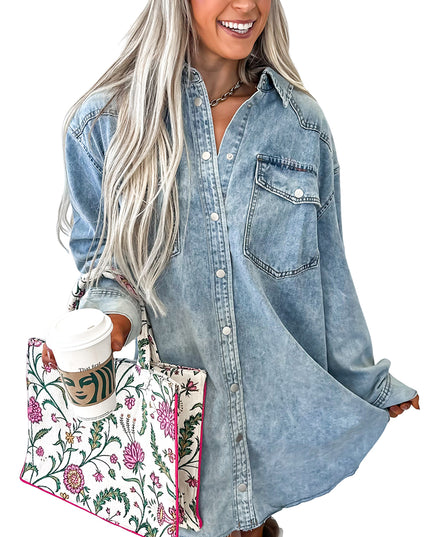 Denim Shirt Dress with Chest Pocket – Raw Hem Oversized Loose Fit Mini Dress (Blue Cotton)