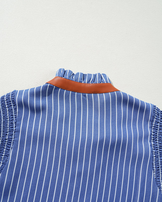 Sky Blue Stripe Frilly Split Neck Shirred Ruffle Sleeve Mini Shift Dress