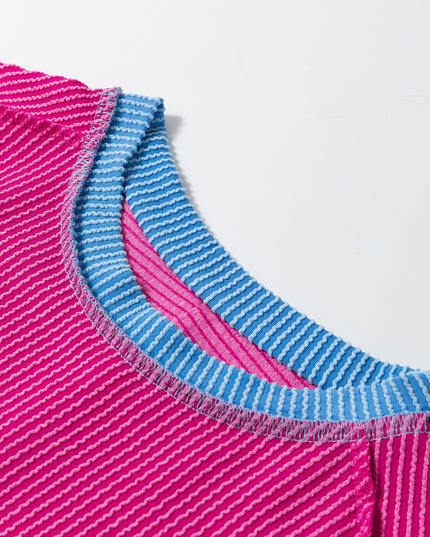 Rose Red Textured Colorblock Round Neck T Shirt