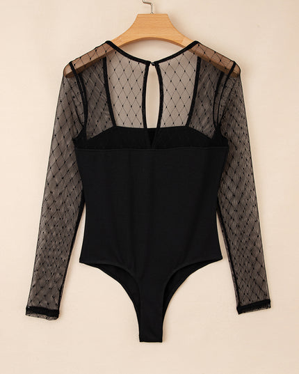 Black Polka Dot Mesh Long Sleeve Square Neck Bodysuit