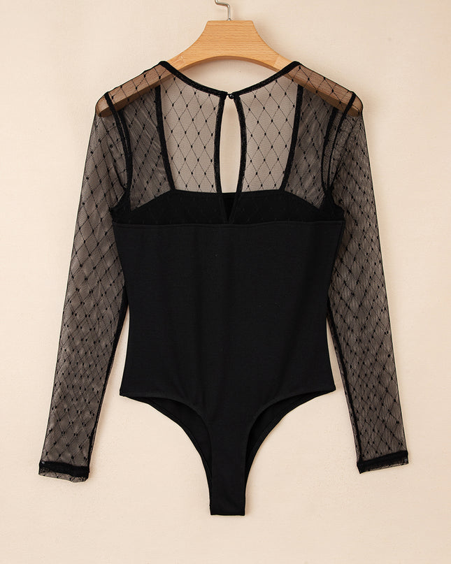 Black Polka Dot Mesh Long Sleeve Square Neck Bodysuit