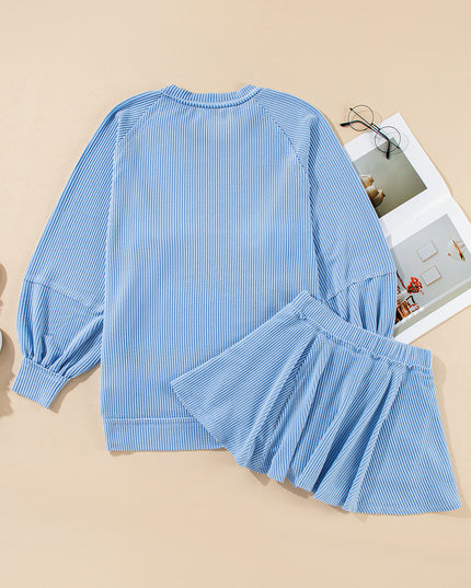 Jet Stream Lantern Sleeve Pullover & Ruffle Mini Skirt Set – Chic Two Piece Outfit