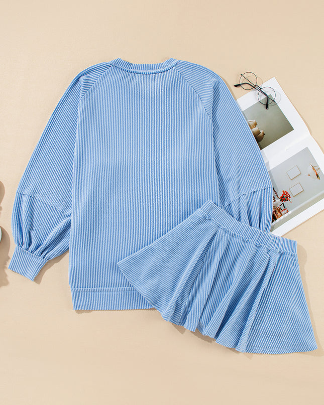 Jet Stream Lantern Sleeve Pullover & Ruffle Mini Skirt Set – Chic Two Piece Outfit