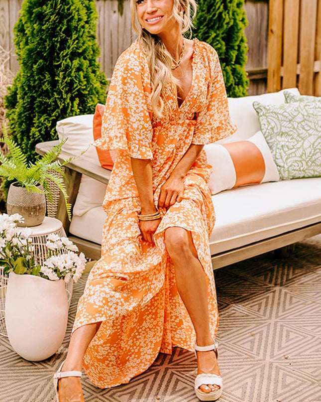 Orange Floral Print Smocked V Neck Bell Sleeve Maxi Dress