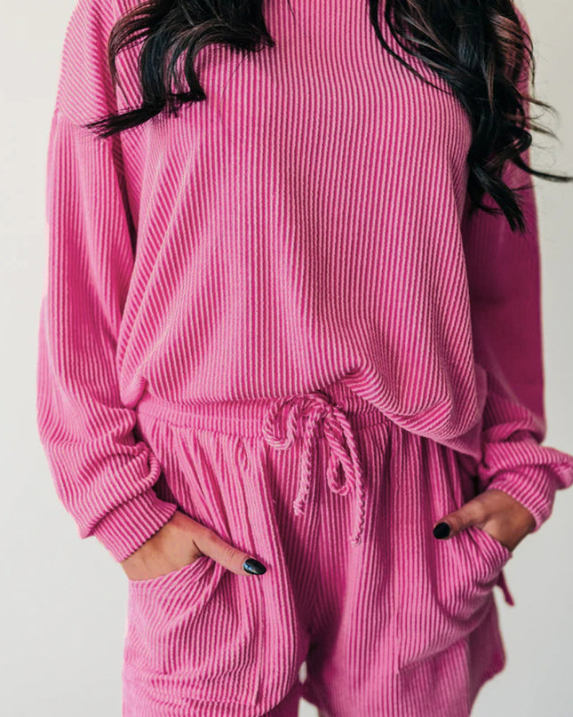 Strawberry Pink Ribbed Plain Drawstring Shorts Set