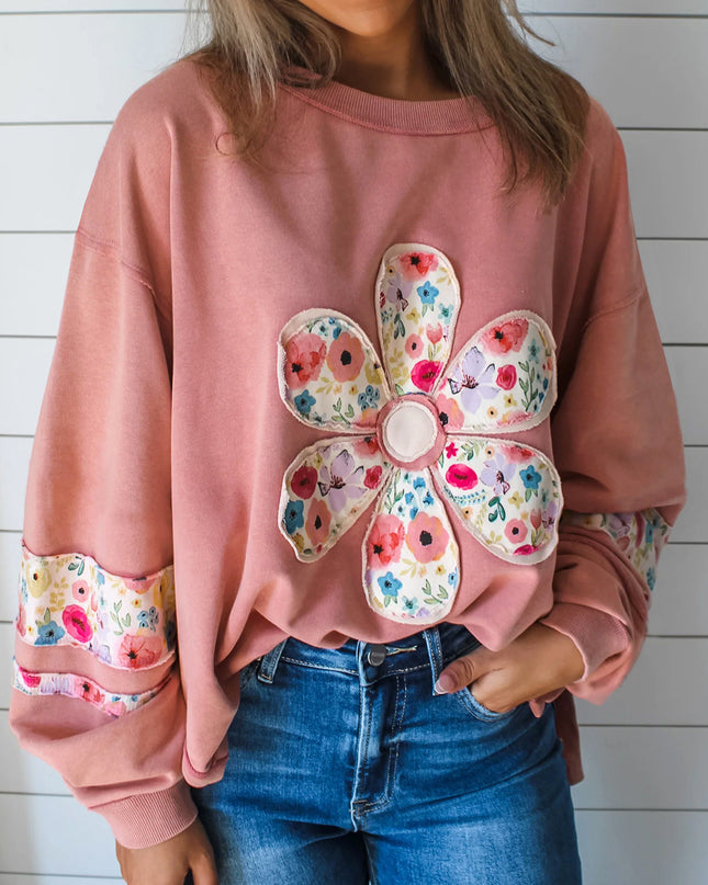 Peach Blossom Flower Applique Patchwork Drop Sleeve Pullover Sweatshirt