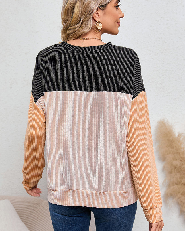 Multicolor Colorblock Ribbed Loose Long Sleeve Top