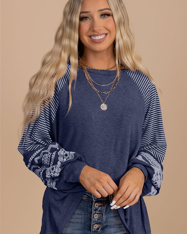 Rose Red Contrast Print Striped Raglan Long Sleeve Loose Top