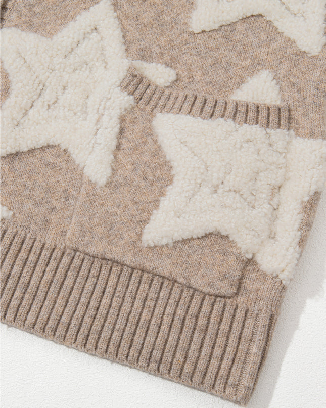 Khaki Star Pattern Pockets Button Front Cardigan