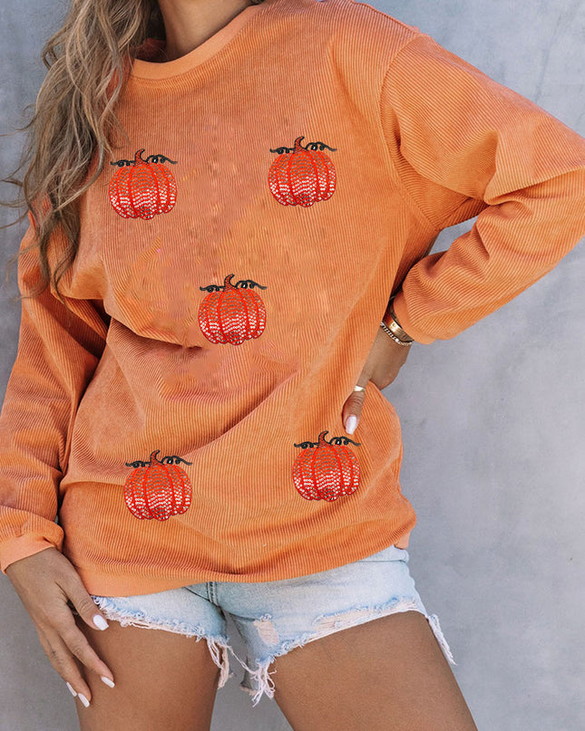 Orange Sequin Pumpkin Patched Twisted Rib Baggy Sweatshirt