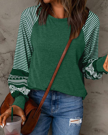 Rose Red Contrast Print Striped Raglan Long Sleeve Loose Top