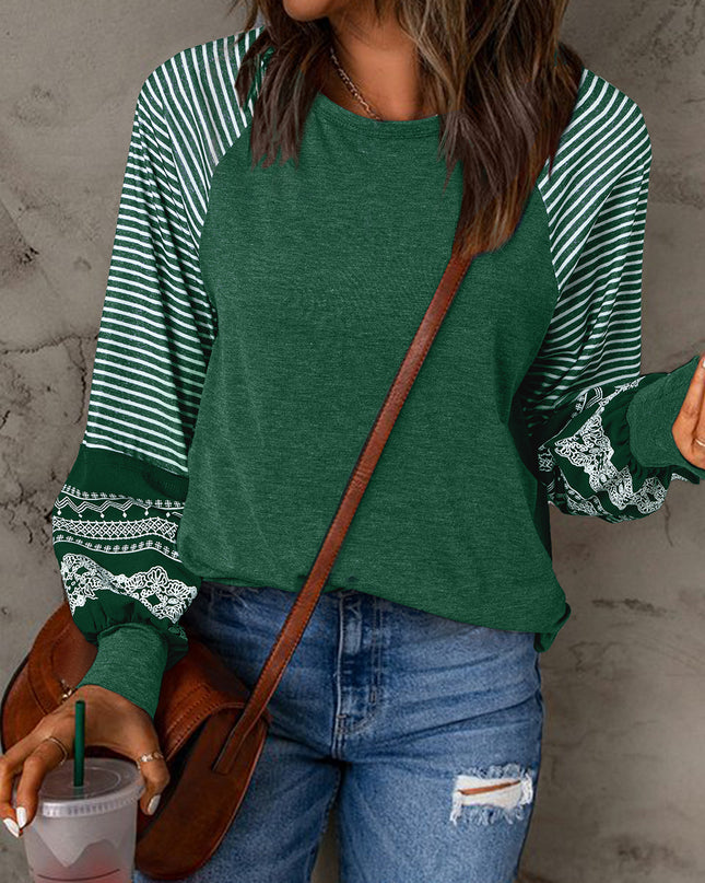 Rose Red Contrast Print Striped Raglan Long Sleeve Loose Top