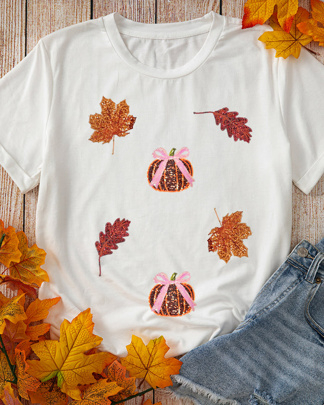 White Sequined Pumpkin Leaves Fall Vibe Graphic T Shirt