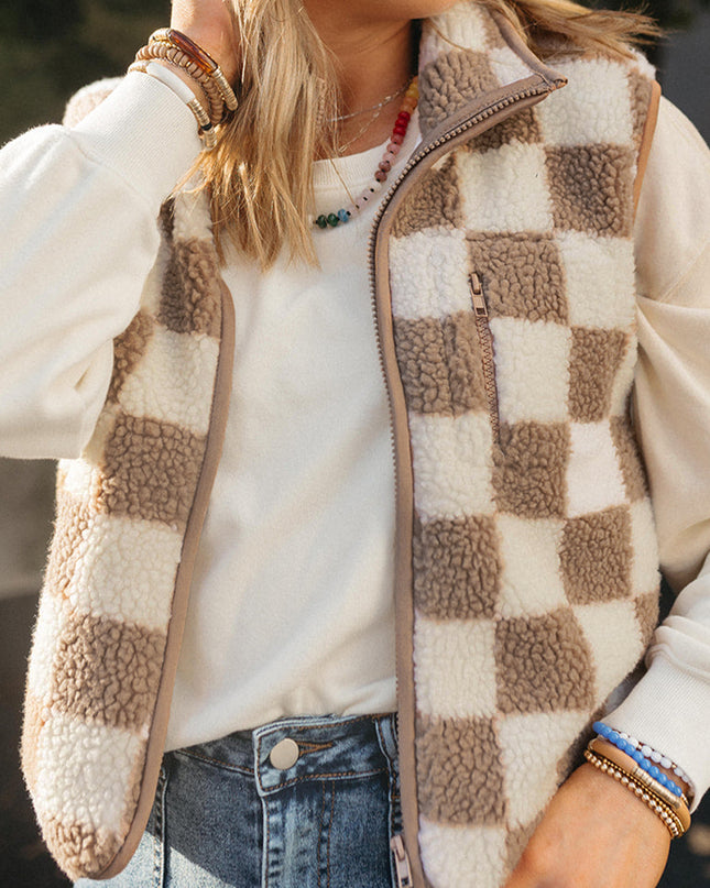 Khaki Checkered Sherpa Collared Jacket Vest