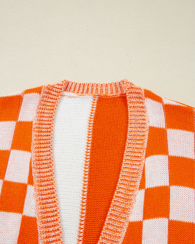 Orange Checkered Open Front Drop Shoulder Cardigan