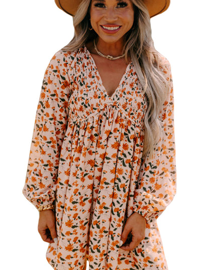 Beige Floral Smocked V Neck Bubble Sleeve Babydoll Dress