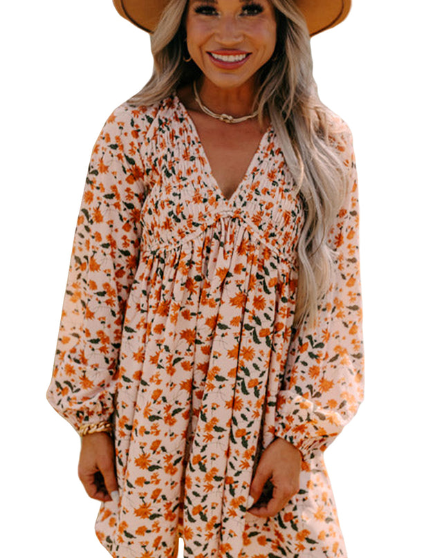 Beige Floral Smocked V Neck Bubble Sleeve Babydoll Dress