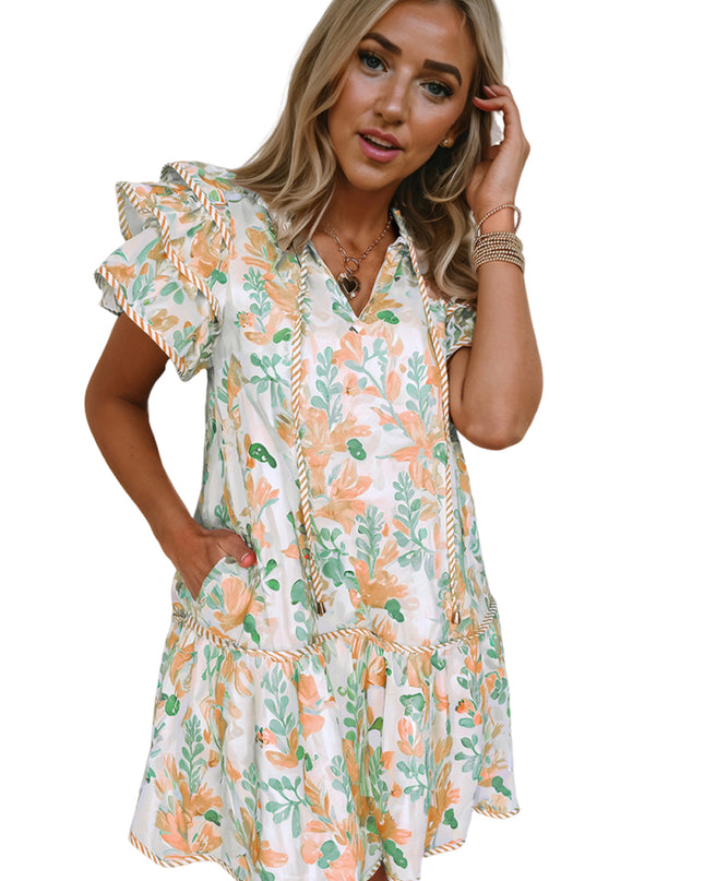 Orange Floral Contrast Edge Ruffle Sleeve Tie Neck Mini Dress