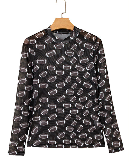 Black Game Day Football Mesh Sheer Long Sleeve Top